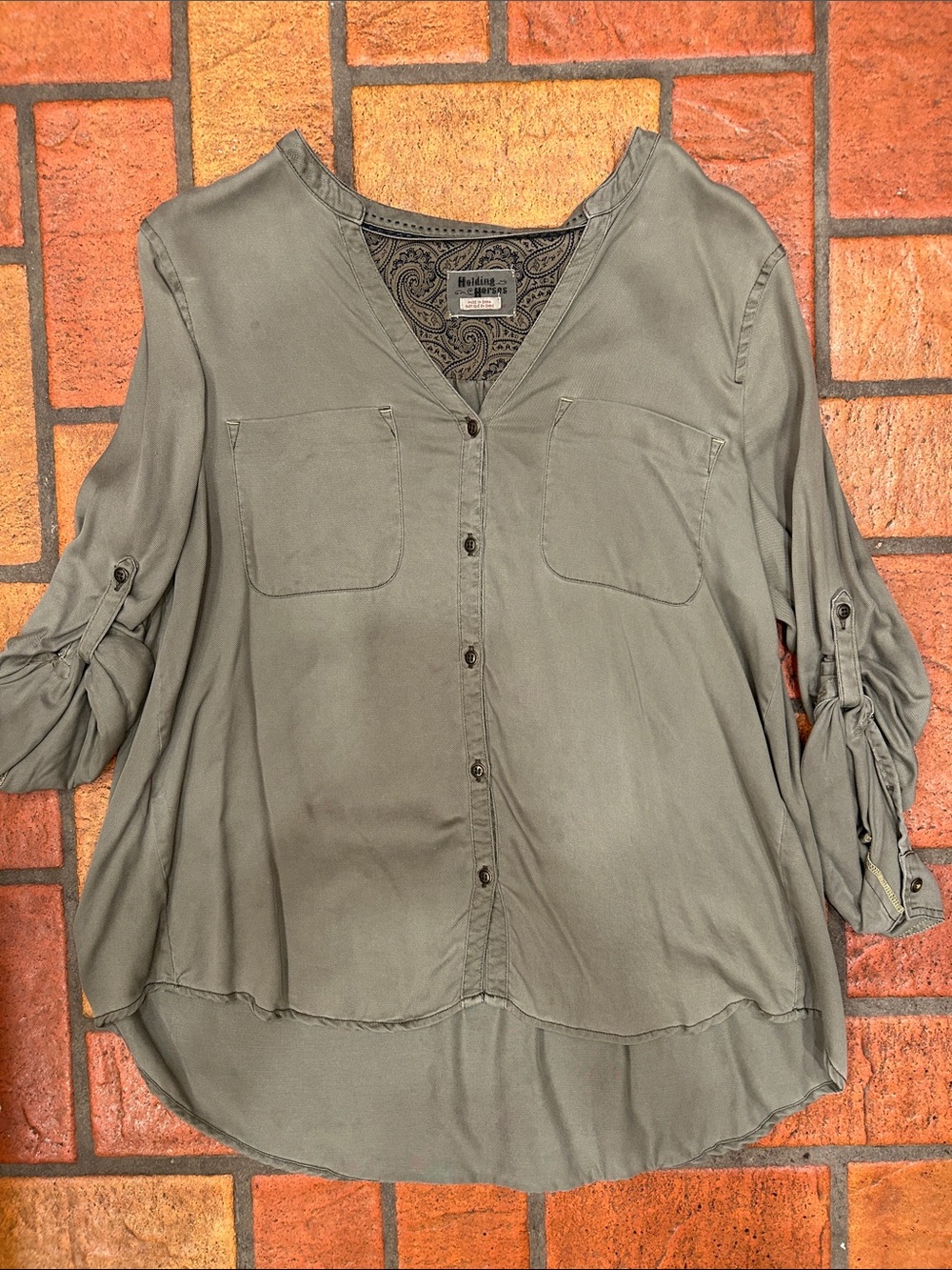 HOLDING HORSES Olive V-Neck Button-Front Women's Blouse